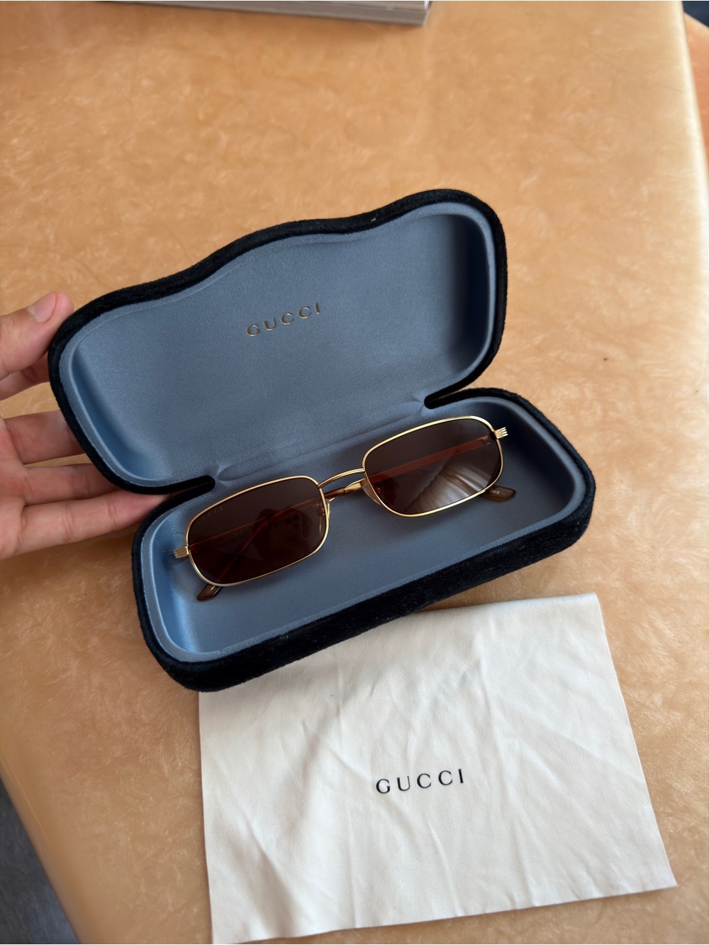 Gucci Gold Frame Brown Lens Rectangular Sunglasses